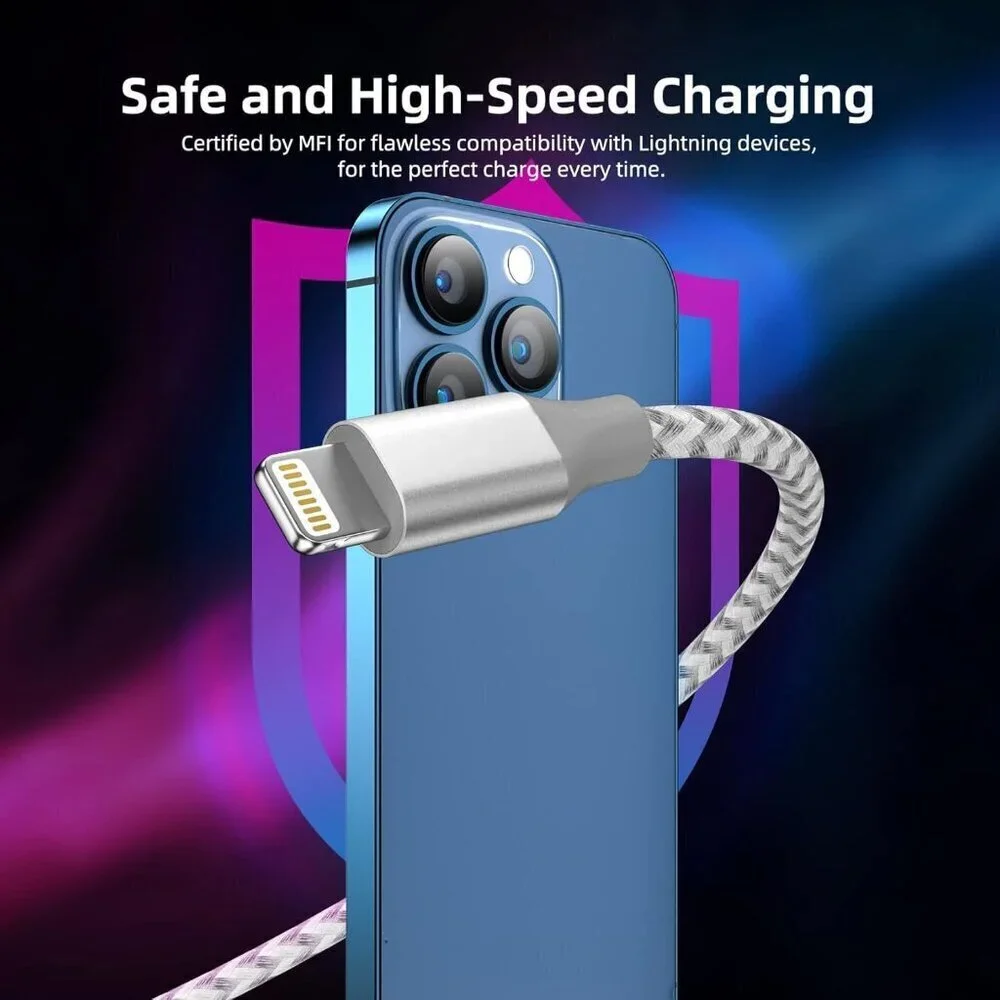 iPhone Charger 3 Pack 10 ft Apple MFi Certified Lightning Nylon Braided Cable Fa